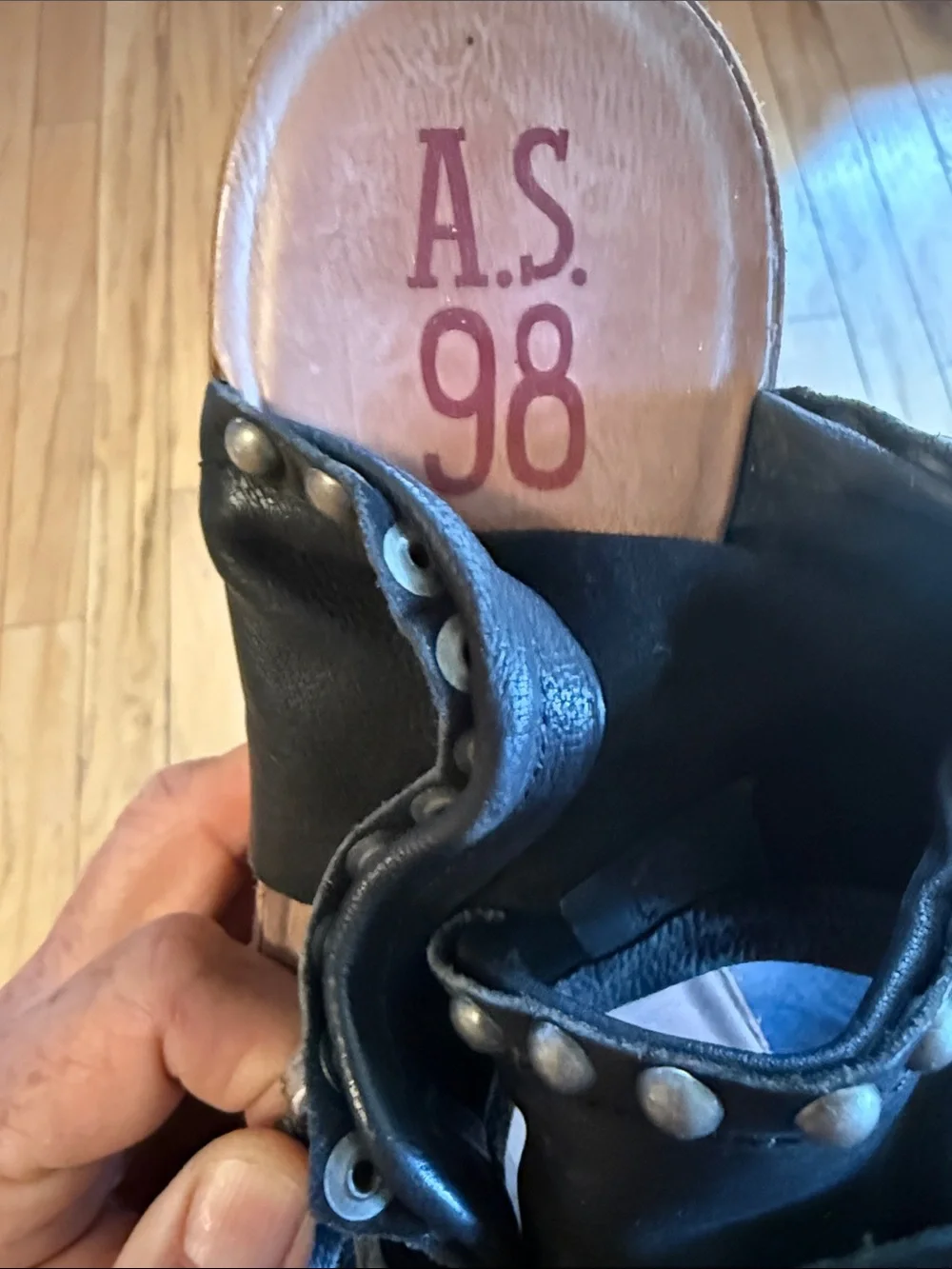 A.S.98 Black Studded Leather Wedge Sandals